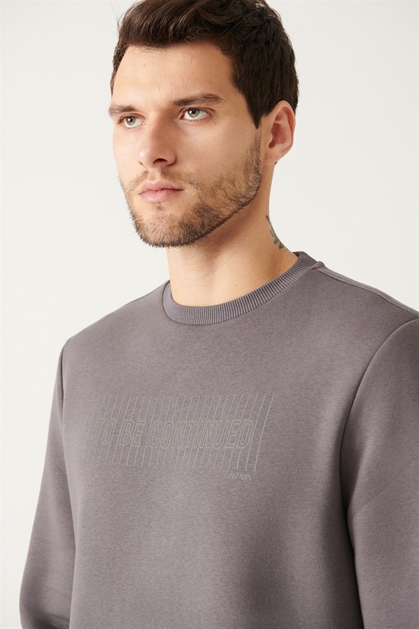 Antrasit Bisiklet Yaka 3 İplik Şardonlu Reflektör Baskılı Regular Fit Sweatshirt