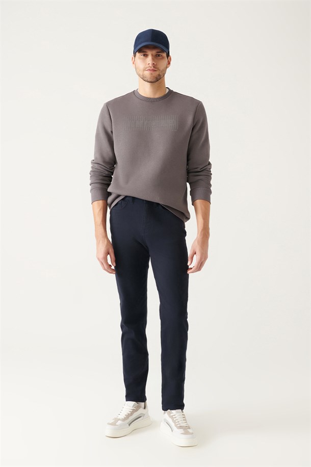 Antrasit Bisiklet Yaka 3 İplik Şardonlu Reflektör Baskılı Regular Fit Sweatshirt