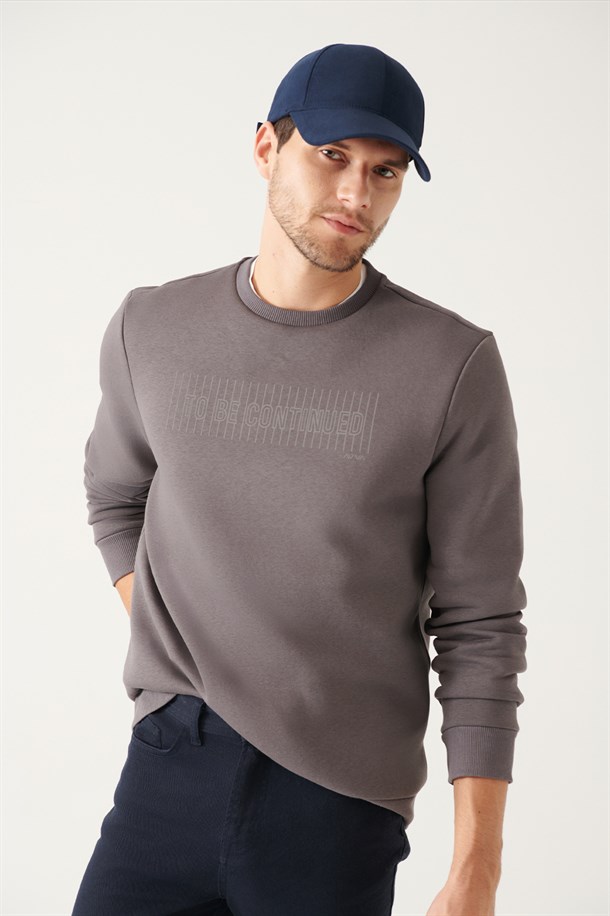 Antrasit Bisiklet Yaka 3 İplik Şardonlu Reflektör Baskılı Regular Fit Sweatshirt