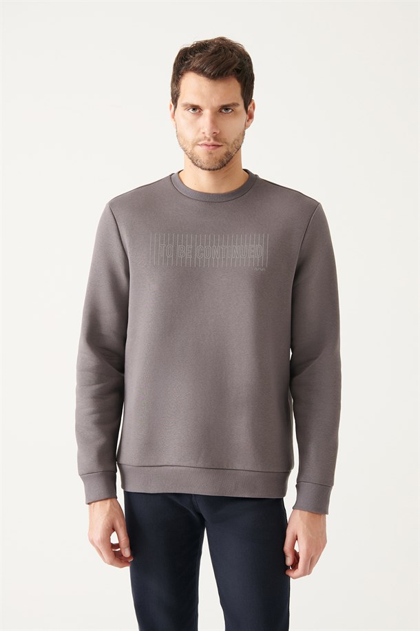 Antrasit Bisiklet Yaka 3 İplik Şardonlu Reflektör Baskılı Regular Fit Sweatshirt