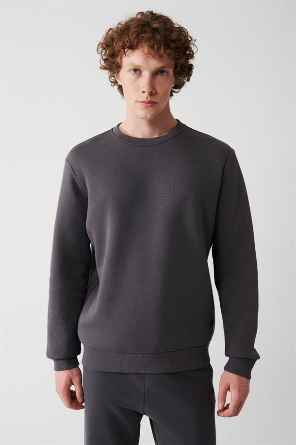Antrasit Bisiklet Yaka İçi Polarlı 3 İplik Pamuklu Unisex Sweatshirt