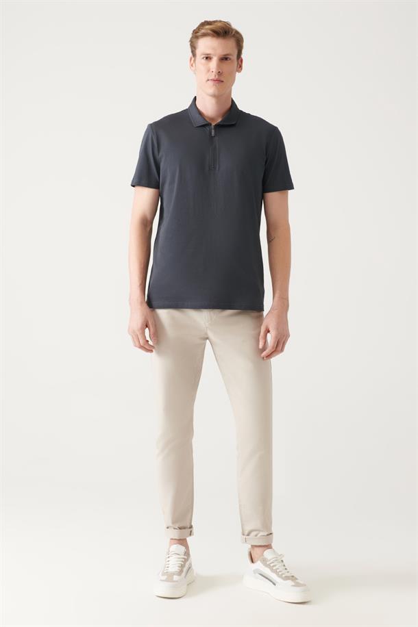 Antrasit Fermuarlı Polo Yaka T-Shirt