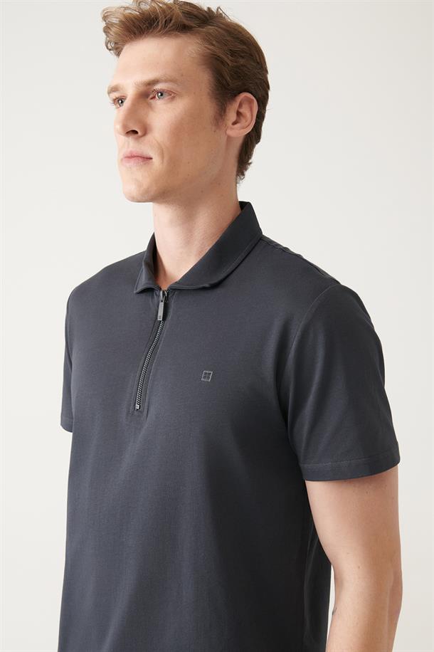 Antrasit Fermuarlı Polo Yaka T-Shirt