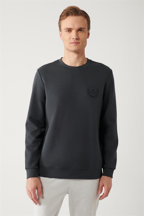 Antrasit İnterlok Kumaş Bisiklet Yaka Göğüsü Nakışlı Sweatshirt