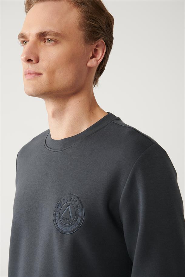 Antrasit İnterlok Kumaş Bisiklet Yaka Göğüsü Nakışlı Sweatshirt
