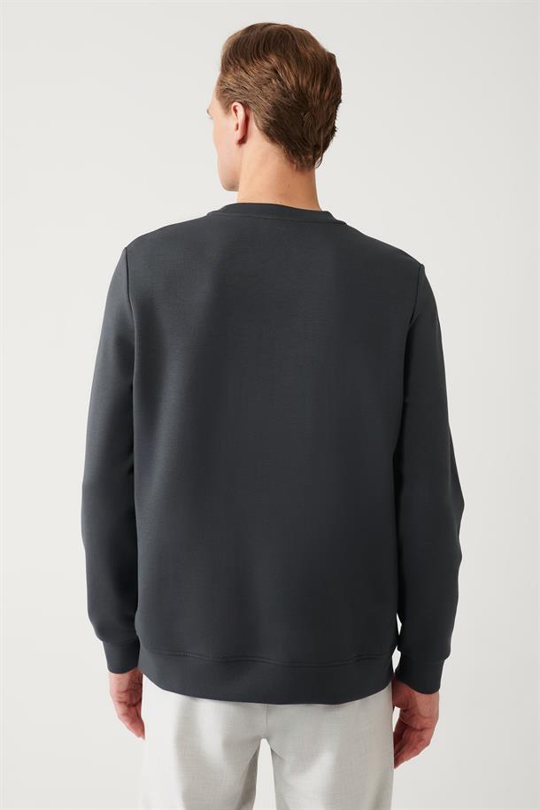 Antrasit İnterlok Kumaş Bisiklet Yaka Göğüsü Nakışlı Sweatshirt
