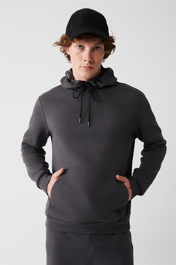 Antrasit Kapüşonlu Yaka İçi Polarlı 3 İplik Pamuklu Regular Fit Standart Kesim Unisex Sweatshirt