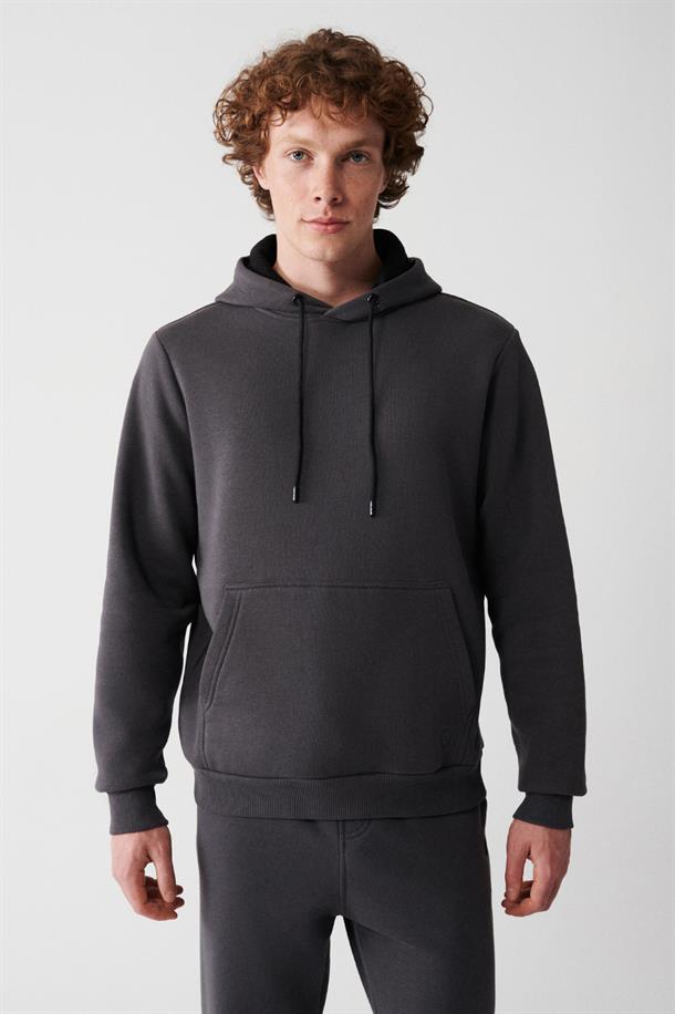 Antrasit Kapüşonlu Yaka İçi Polarlı 3 İplik Pamuklu Regular Fit Standart Kesim Unisex Sweatshirt