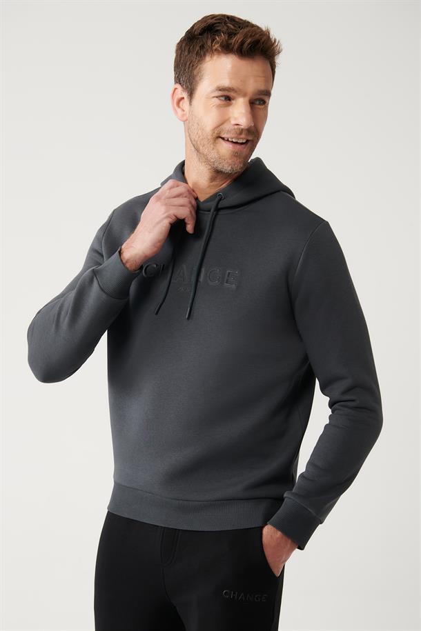 Antrasit Şardonlu Kumaş Kapüşonlu Yaka Piramit Baskılı Sweatshirt