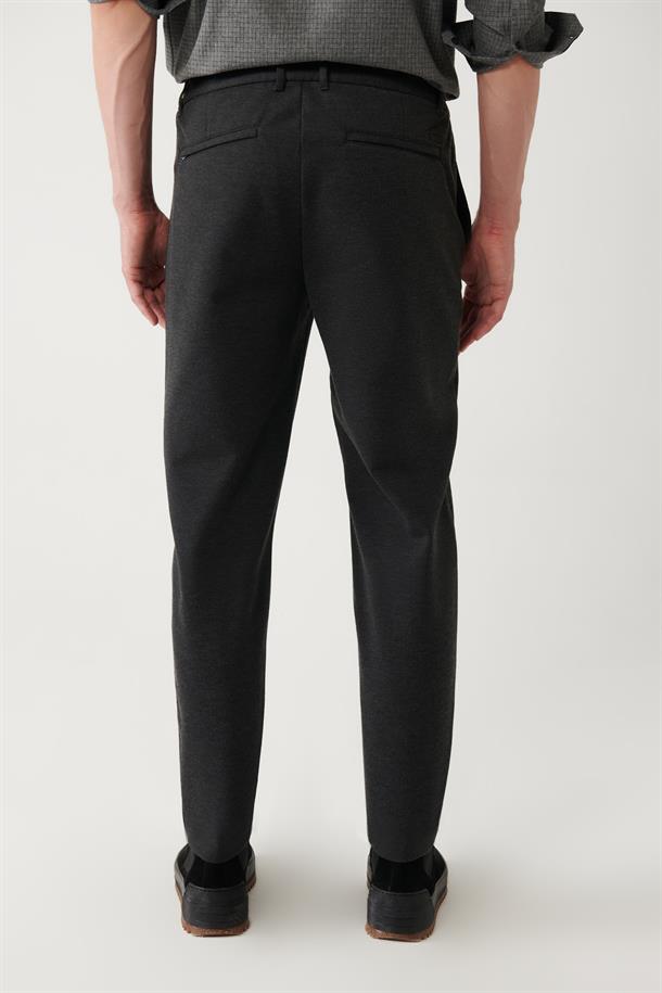Antrasit Yanı Lastikli Fleto Cep Fermuar Detaylı Slim Fit Örme Chino Pantolon