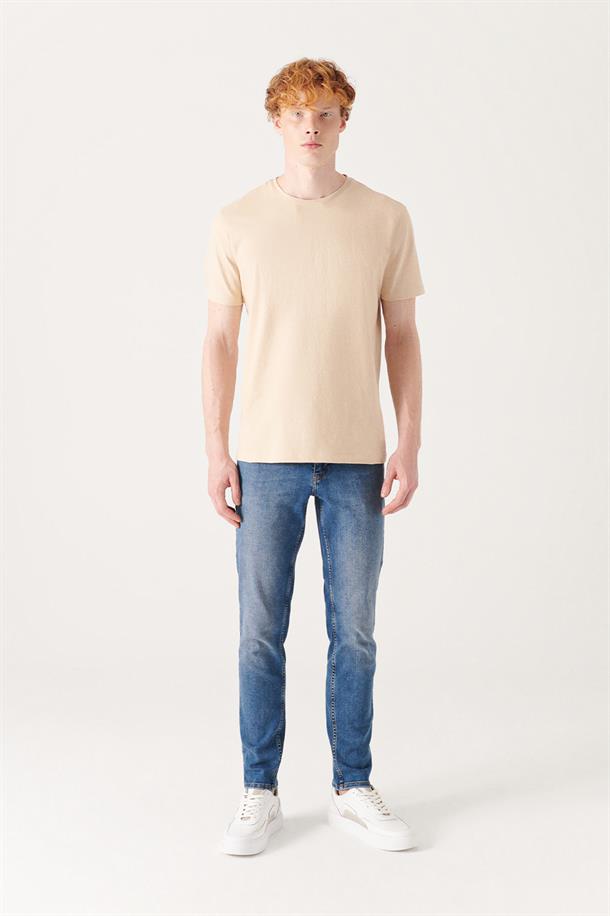 Bej %100 Pamuk Nefes Alan Bisiklet Yaka Slim Fit T-Shirt