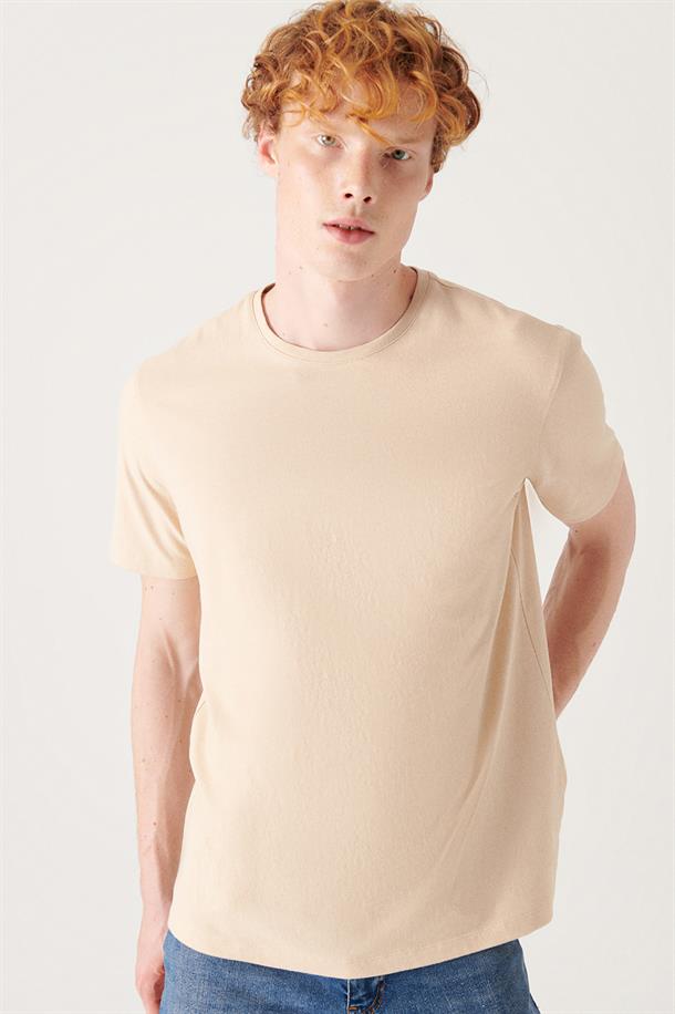 Bej %100 Pamuk Nefes Alan Bisiklet Yaka Slim Fit T-Shirt