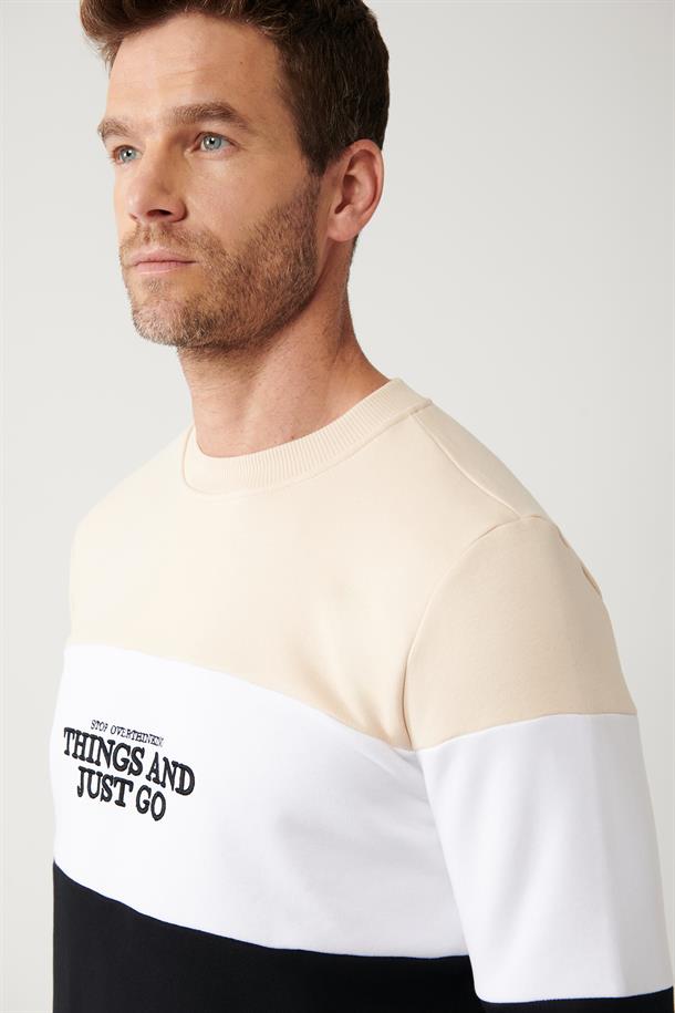 Bej-Beyaz-Siyah Bisiklet Yaka Parçalı Sweatshirt