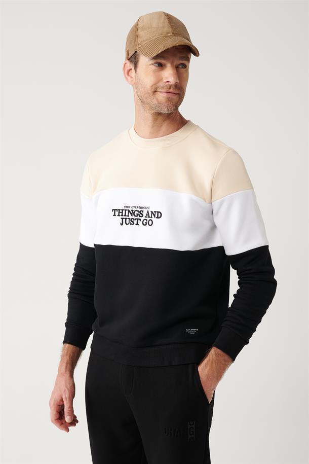 Bej-Beyaz-Siyah Bisiklet Yaka Parçalı Sweatshirt