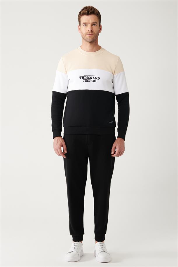 Bej-Beyaz-Siyah Bisiklet Yaka Parçalı Sweatshirt