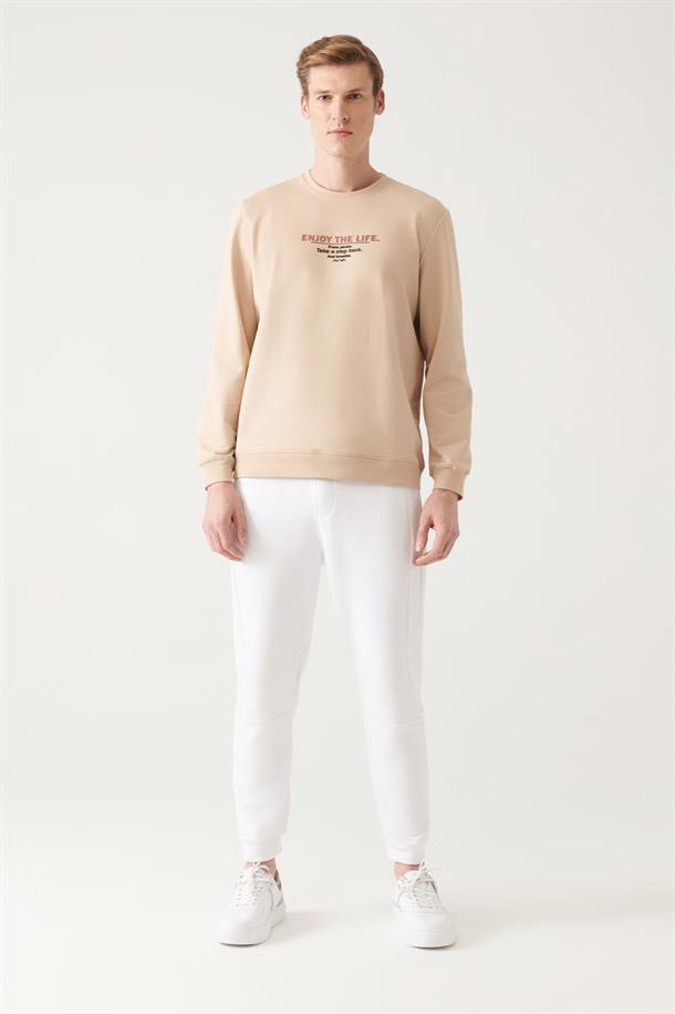 Bej Bisiklet Yaka Baskılı Slim Fit Sweatshirt