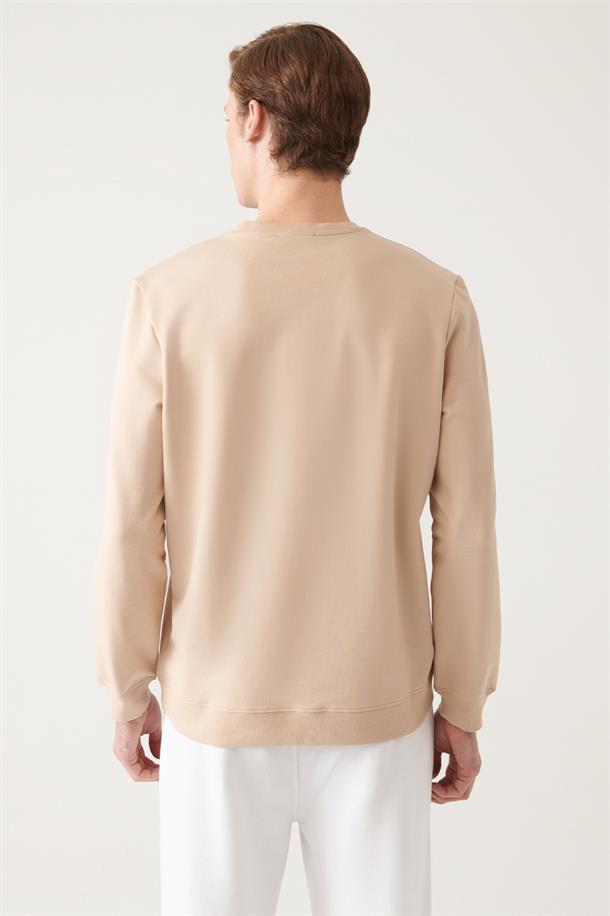 Bej Bisiklet Yaka Baskılı Slim Fit Sweatshirt