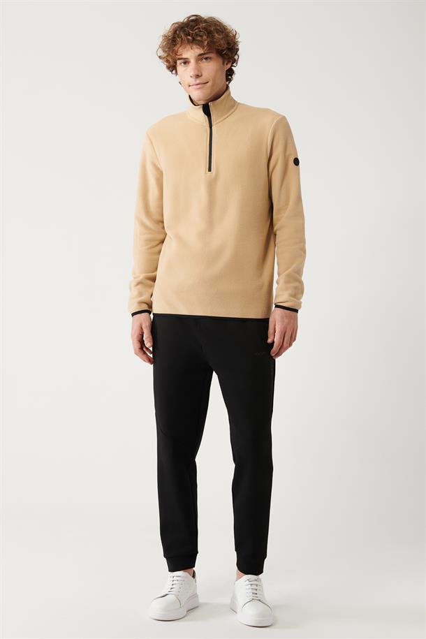 Bej Dik Yaka Soğuğa Dayanıklı Yarım Fermuarlı Regular Fit Standart Kesim Polar Sweatshirt