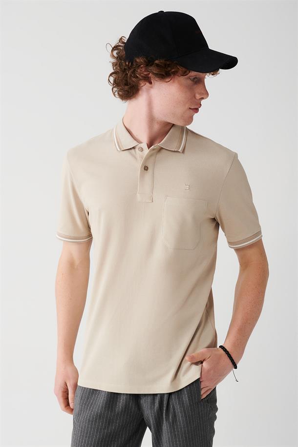 Bej Enine Çizglili Cepli  Polo Yaka T-shirt
