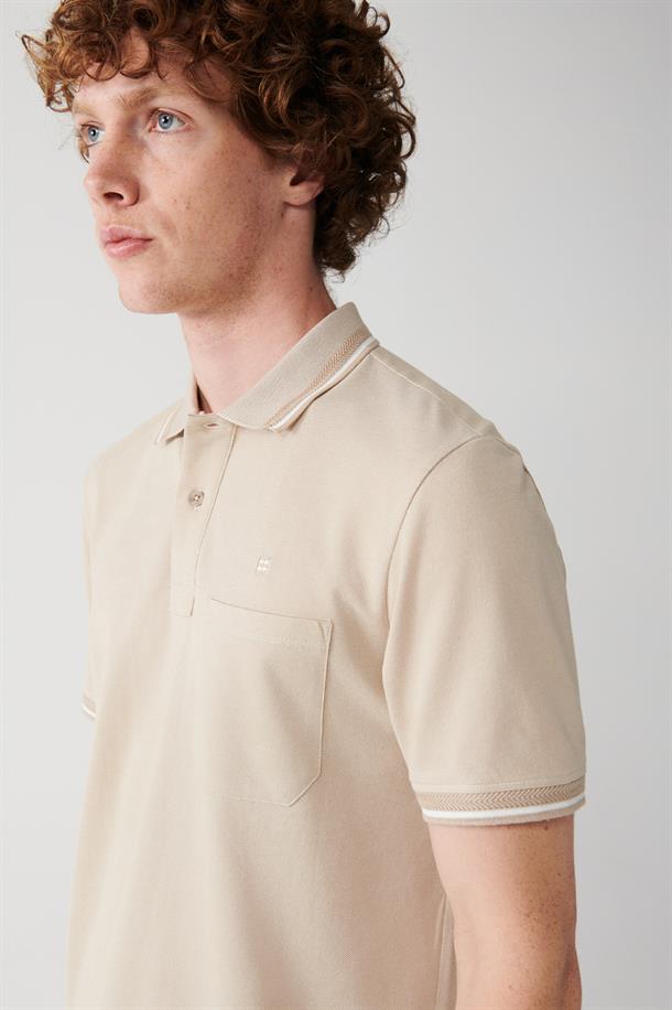 Bej Enine Çizglili Cepli  Polo Yaka T-shirt