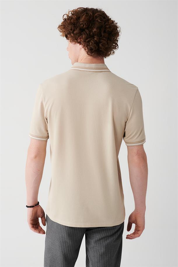 Bej Enine Çizglili Cepli  Polo Yaka T-shirt