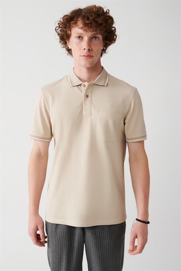 Bej Enine Çizglili Cepli  Polo Yaka T-shirt