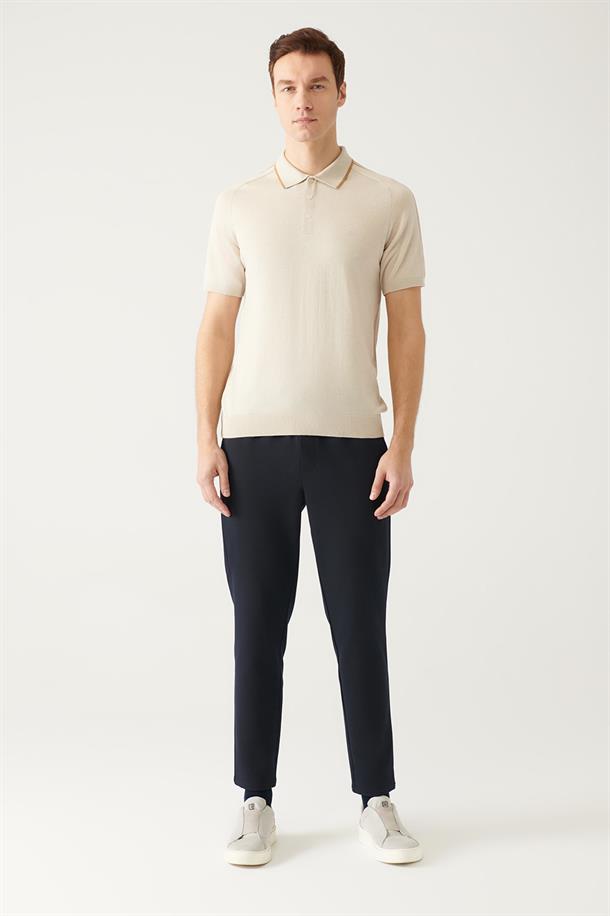 Bej Polo Yaka Omuzu Çizgi Detaylı Triko T-shirt