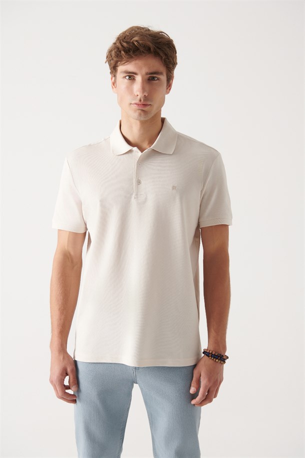 Bej Polo Yaka Slim Fit %100 Pamuk Basic T-Shirt