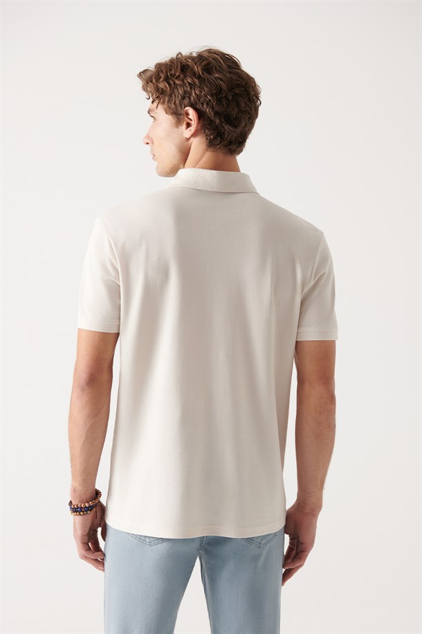 Bej Polo Yaka Slim Fit %100 Pamuk Basic T-Shirt