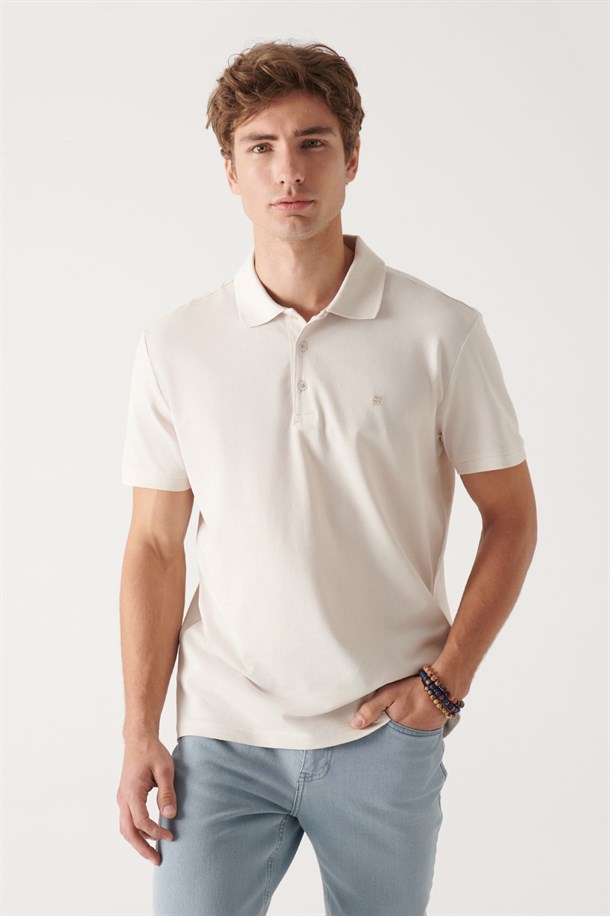 Bej Polo Yaka Slim Fit %100 Pamuk Basic T-Shirt
