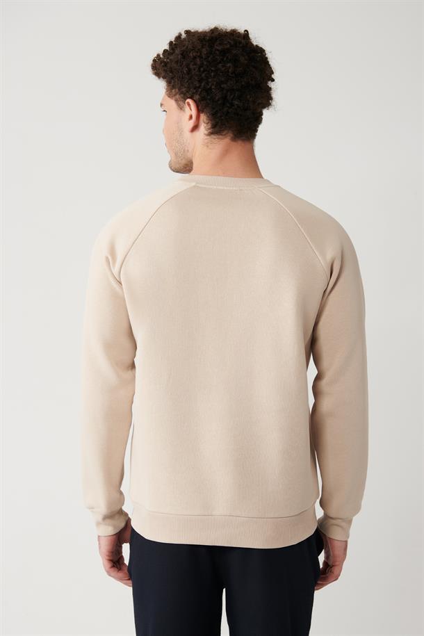 Bej Şardonlu Kumaş Bisiklet Yaka Nakışlı Sweatshirt