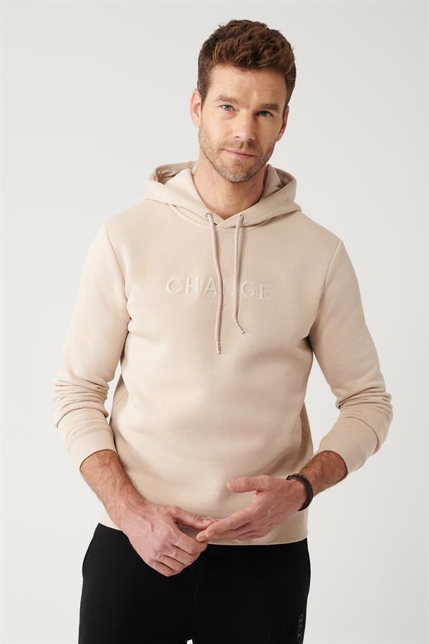 Bej Şardonlu Kumaş Kapüşonlu Yaka Piramit Baskılı Sweatshirt