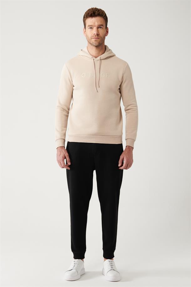 Bej Şardonlu Kumaş Kapüşonlu Yaka Piramit Baskılı Sweatshirt