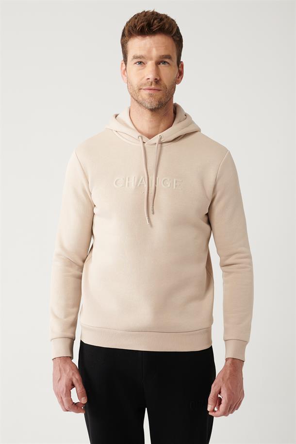 Bej Şardonlu Kumaş Kapüşonlu Yaka Piramit Baskılı Sweatshirt