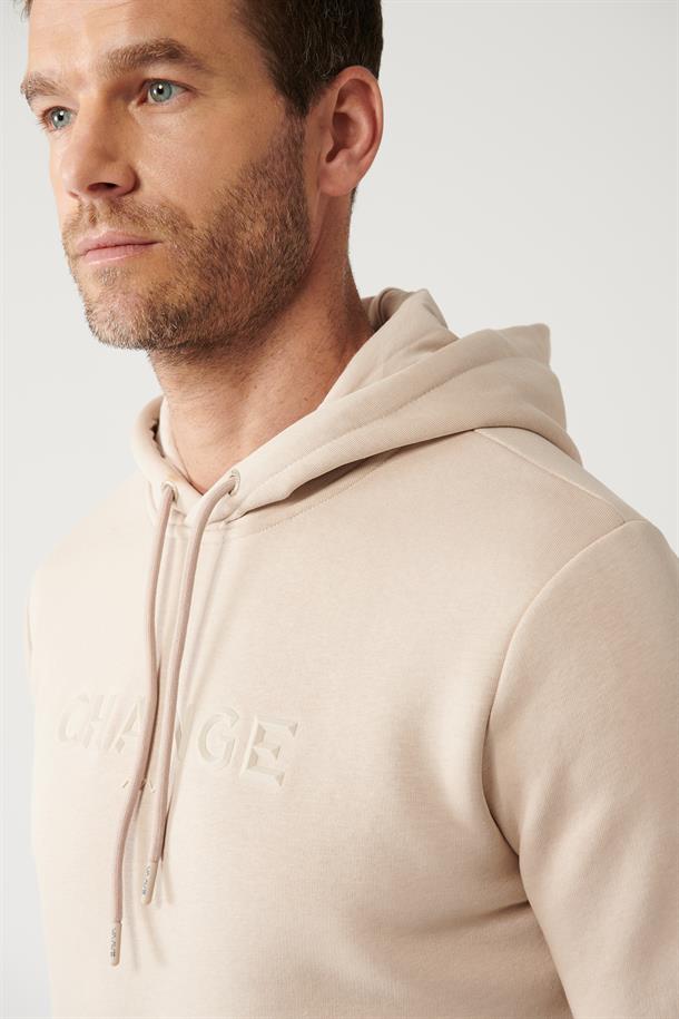 Bej Şardonlu Kumaş Kapüşonlu Yaka Piramit Baskılı Sweatshirt