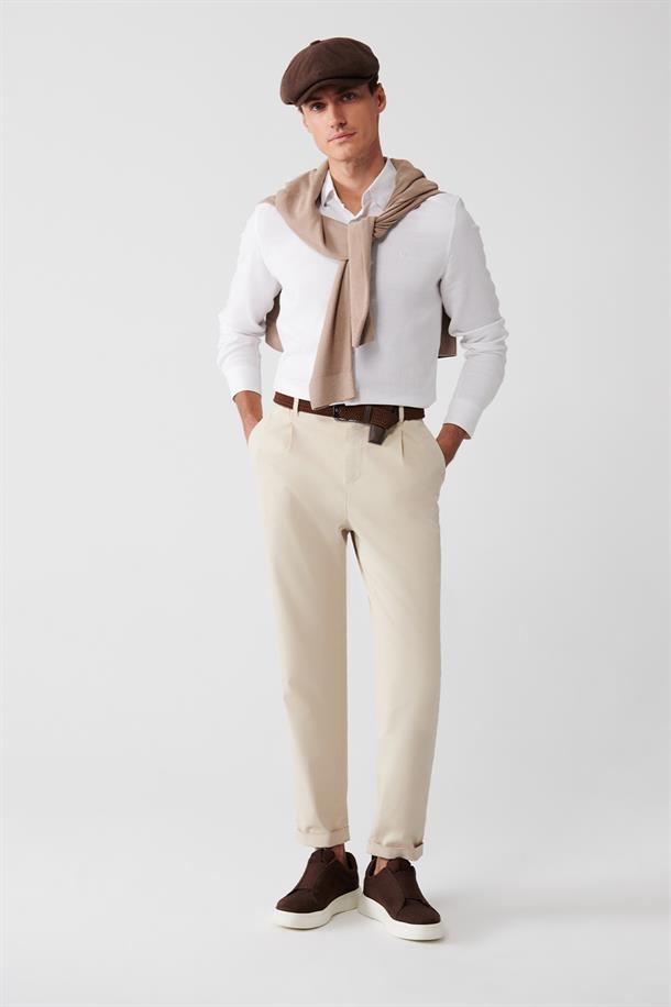 Bej Yanı Lastikli Yumuşak Tuşeli Slim Fit Chino Pantolon