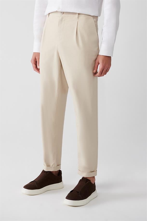 Bej Yanı Lastikli Yumuşak Tuşeli Slim Fit Chino Pantolon