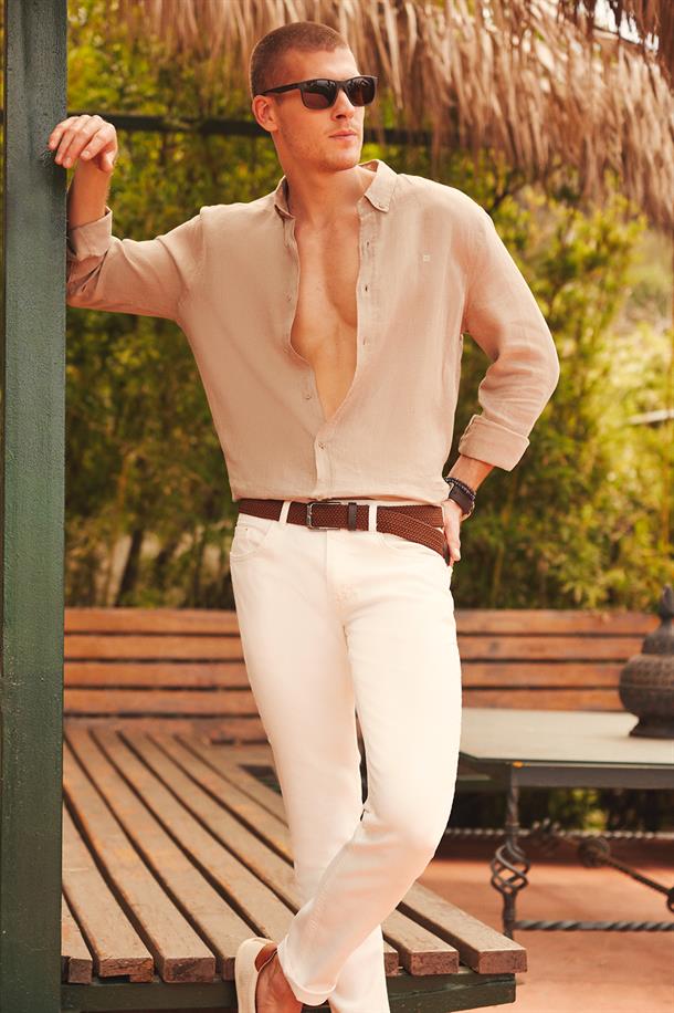 Beyaz Armürlü Esnek 5 Cepli Slim Fit Dar Kesim Kanvas Pantolon