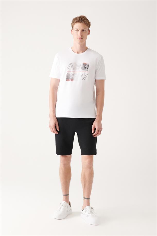 Beyaz Bisiklet Yaka Baskılı  Oversize T-Shirt