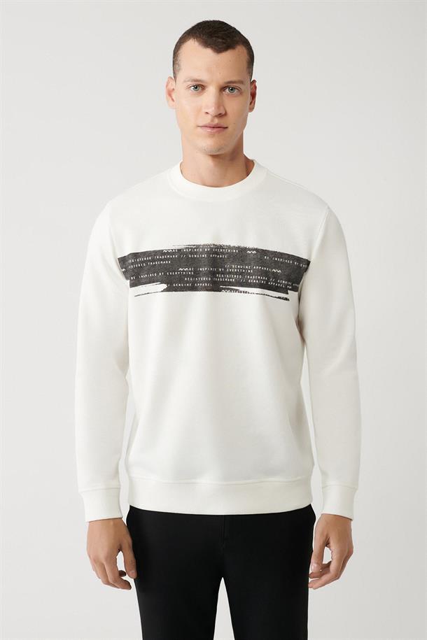 Beyaz Bisiklet Yaka Baskılı Sweatshirt
