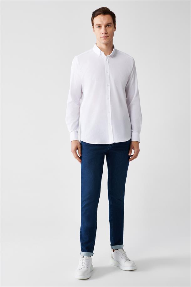 Beyaz Düğmeli Yaka Seersucker Pamuklu Comfort Fit Gömlek