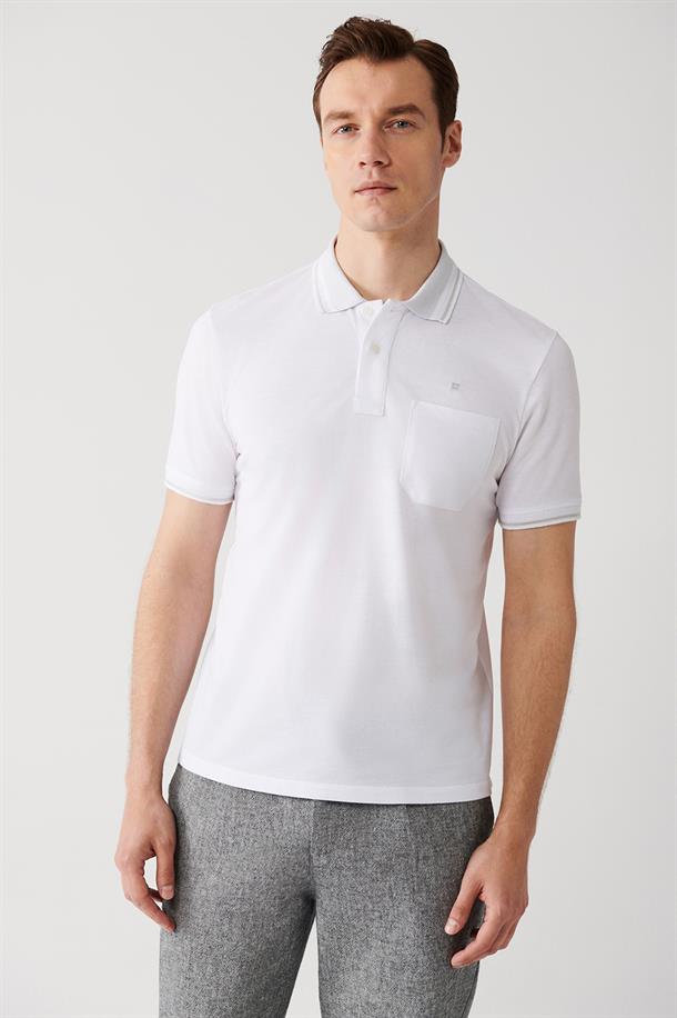 Beyaz Enine Çizglili Cepli  Polo Yaka T-shirt