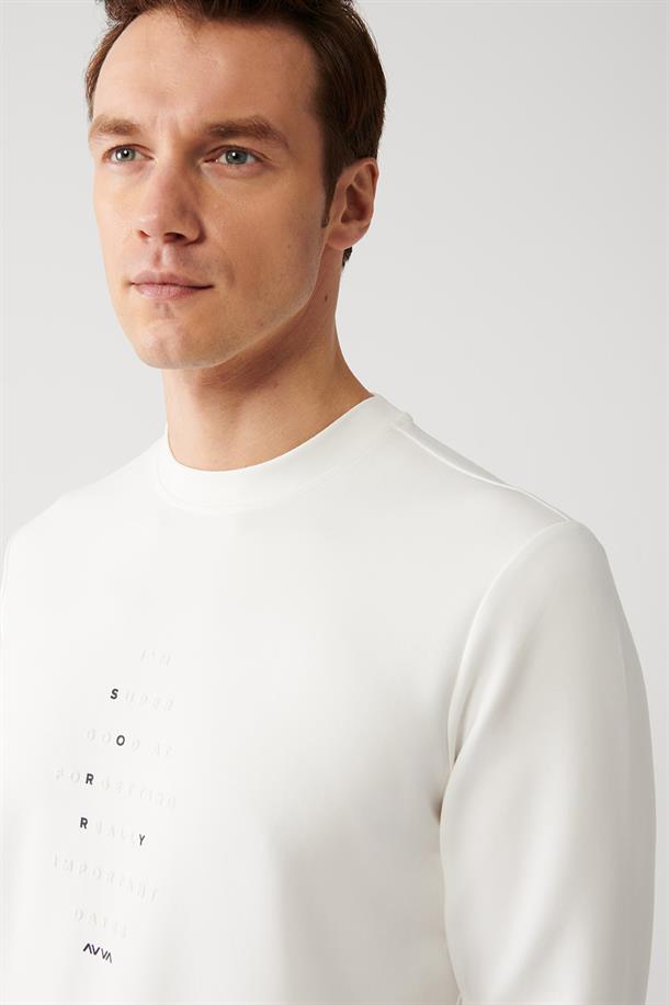 Beyaz İnterlok Kumaş Bisiklet Yaka Baskılı Sweatshirt