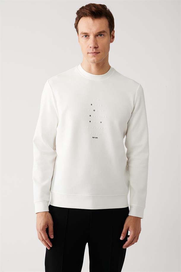 Beyaz İnterlok Kumaş Bisiklet Yaka Baskılı Sweatshirt