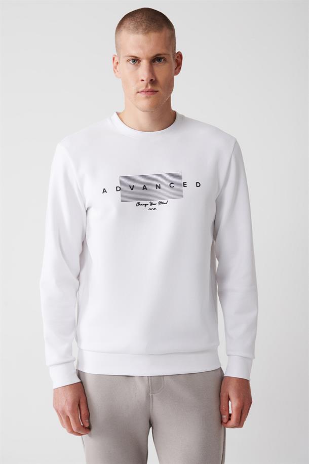 Beyaz İnterlok Kumaş Bisiklet Yaka Baskılı Sweatshirt