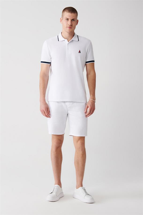 Beyaz Marine Temalı Polo Yaka T-Shirt
