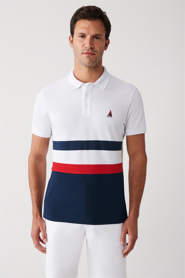 Beyaz Marine Temalı Polo Yaka T-Shirt