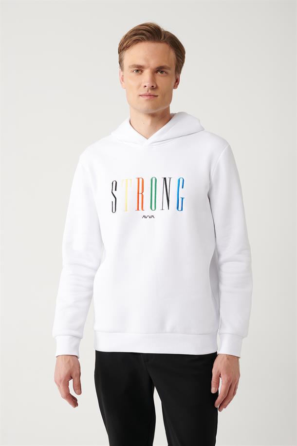 Beyaz Şardonlu Kumaş Kapüşonlu Yaka Nakışlı Sweatshirt