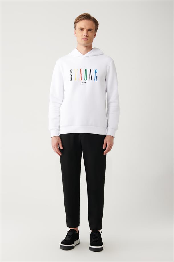 Beyaz Şardonlu Kumaş Kapüşonlu Yaka Nakışlı Sweatshirt