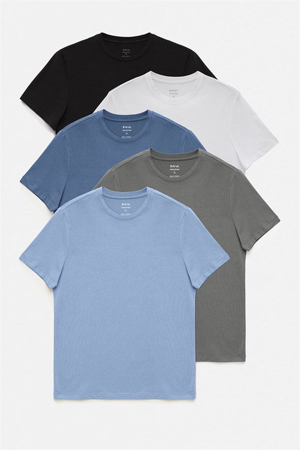 Beyaz-Siyah-Gri-Açık Mavi-Koyu Mavi 5'li Bisiklet Yaka Düz T-Shirt